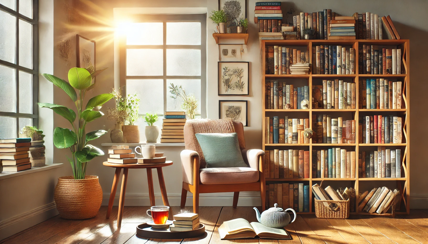 DALL·E 2024 08 08 07.07.57 A cozy reading corner with a bookshelf filled with books a comfortable armchair and a cup of tea on a small table set against a bright window with