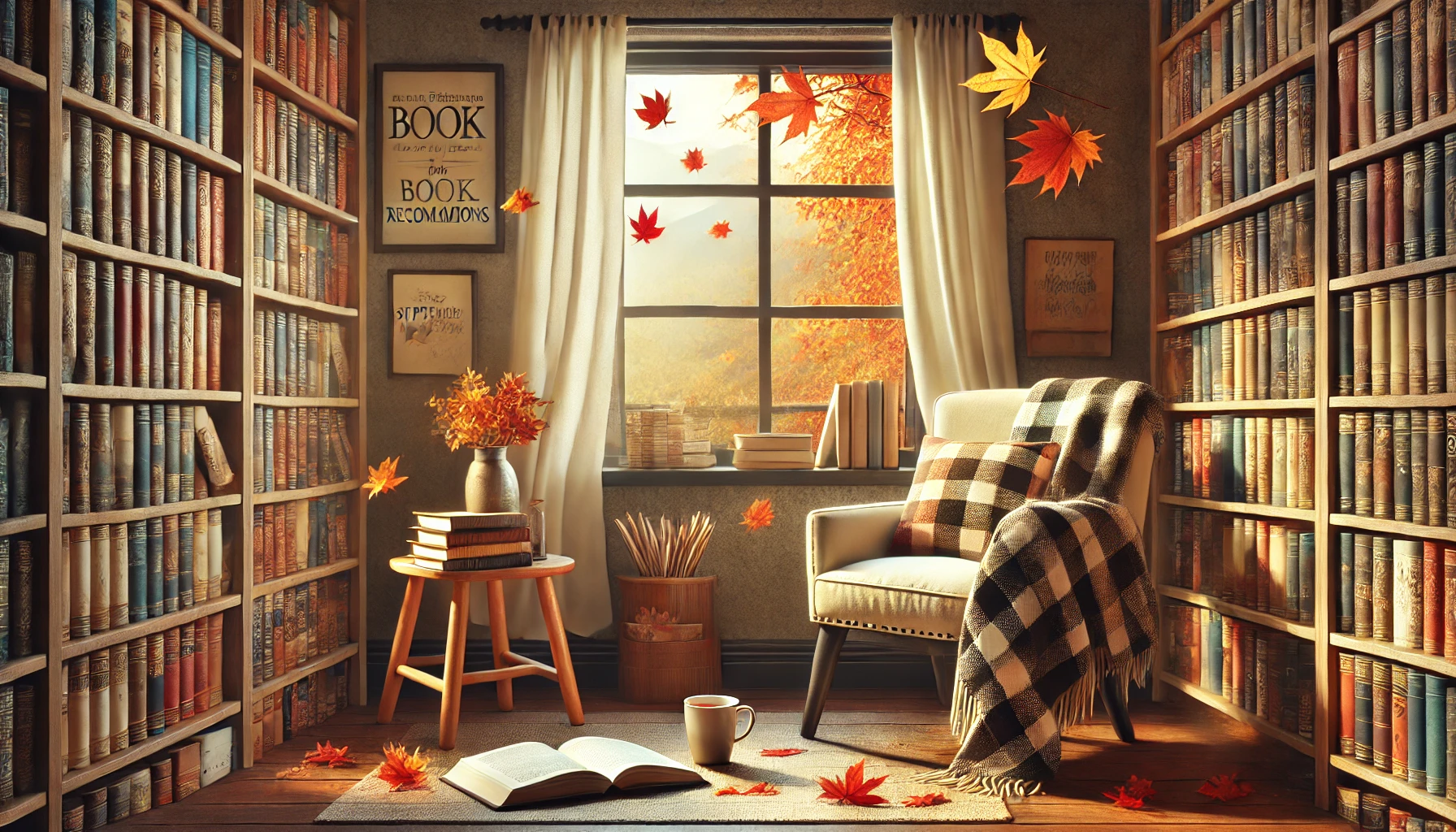 DALL·E 2024 08 26 15.36.42 A warm and inviting reading nook with an autumn theme featuring books a cozy chair with a plaid blanket and falling leaves visible through a window