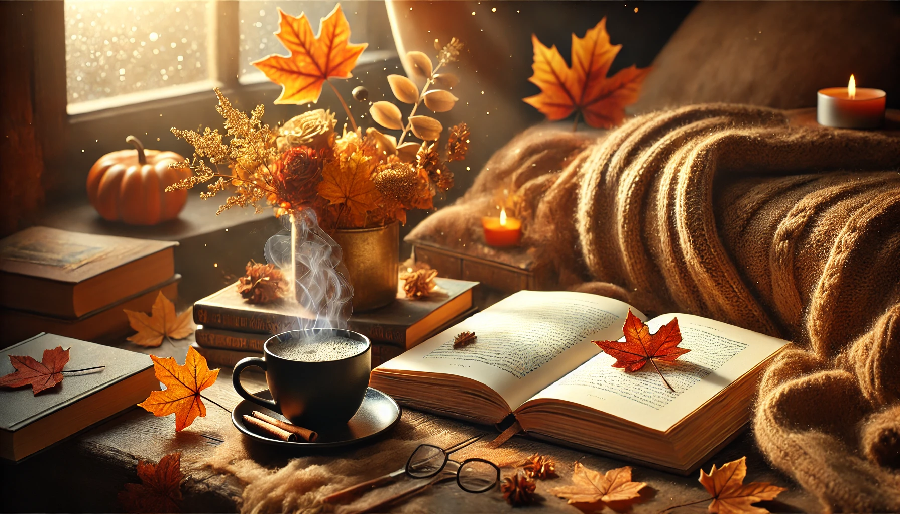 DALL·E 2024 10 01 16.45.29 A cozy autumn themed featured image for a book recommendation list without any text. The scene includes an open book with warm golden leaves scatter